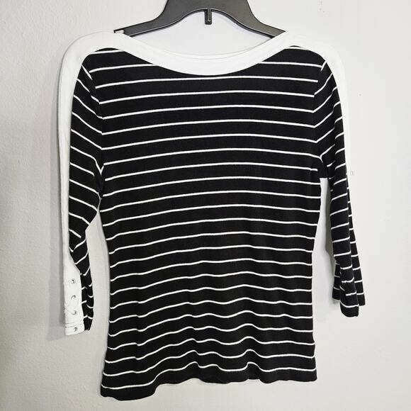 Chaps Womens' 3/4 Sleeve Black White Stripe Knit Top Laced Accent Sleeve Size M - Picture 1 of 7